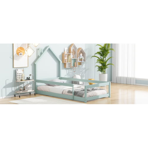 Charming twin size wood bed with house-shaped headboard in light green