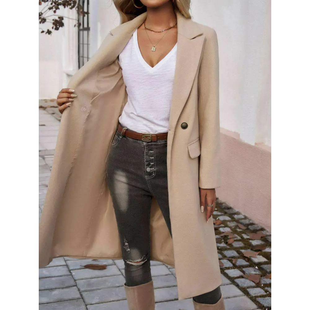 Devine pocketed collared coat in luxury fashion for women $66.26 the item boasts exquisite buttoned accents