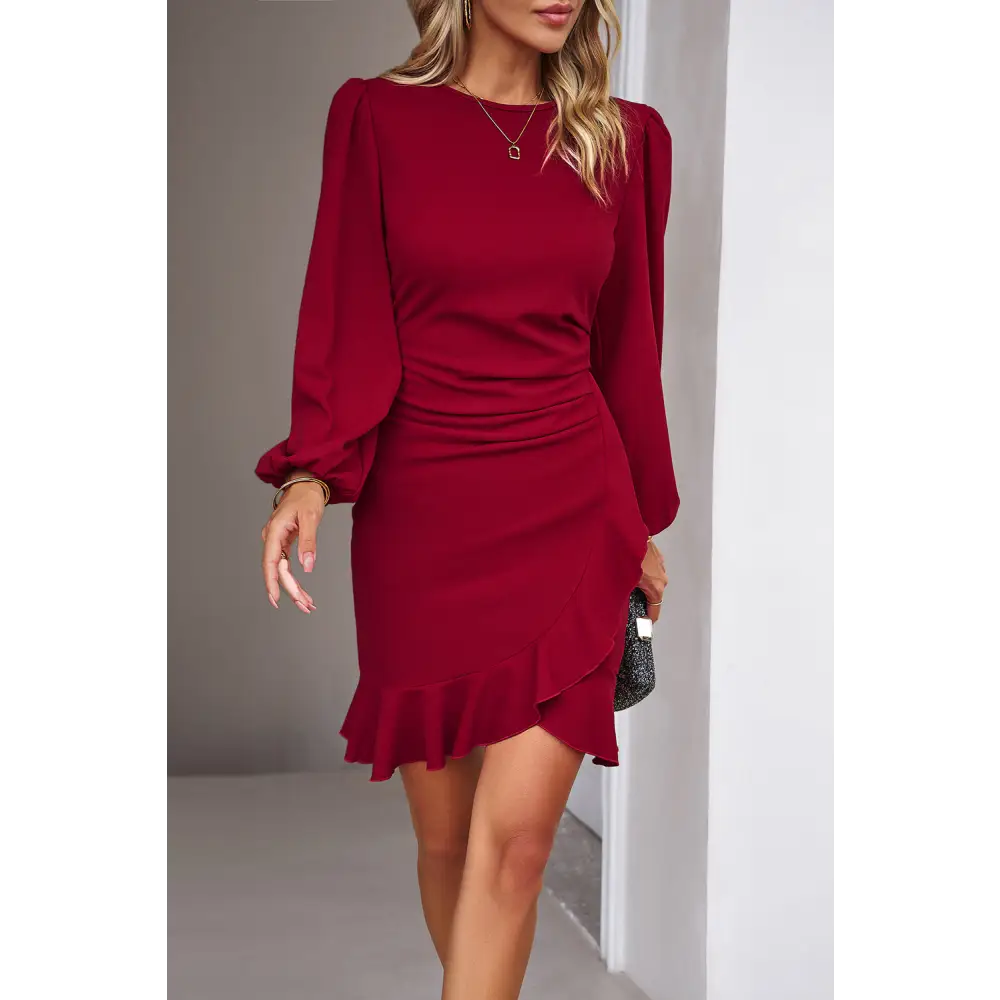 Elevate your wardrobe with the devine ruched ruffled mini dress $22.99 indulge in the elegance of ruffled detailing,