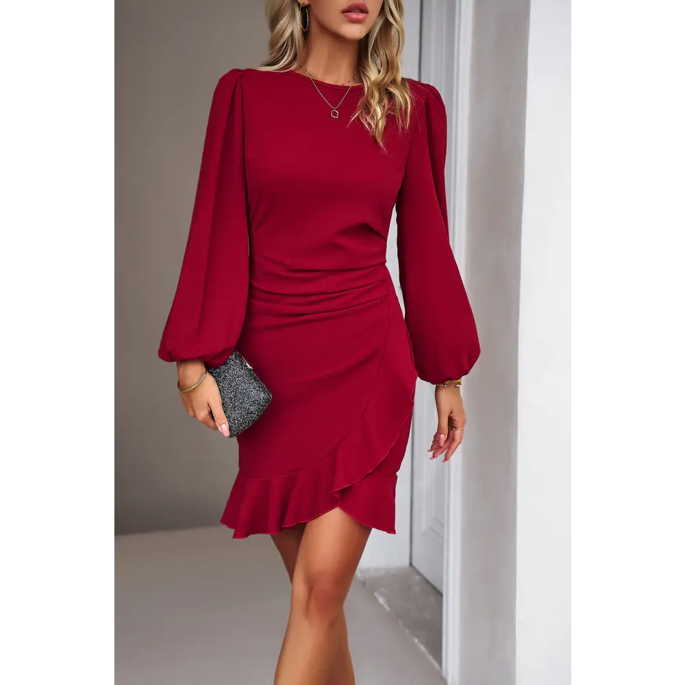 Elevate your wardrobe with the devine ruched ruffled mini dress $22.99 indulge in the elegance of ruffled detailing,