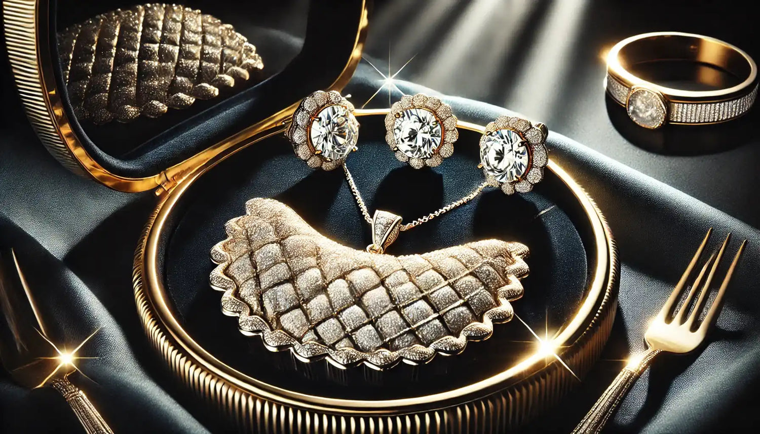 A luxurious display of sparkling jewelry, featuring a quilted gold pendant necklace, diamond-encrusted earrings, and a delicate gold ring. The items are elegantly arranged on a black velvet surface with golden accents, illuminated by soft, radiant lighting. The scene exudes sophistication, glamour, and opulence, perfect for showcasing fine jewelry collections.