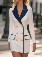 Double-Breasted Blazer Dress in white polyester with navy lapels, gold buttons, black piping, and flap pockets for a structured look.