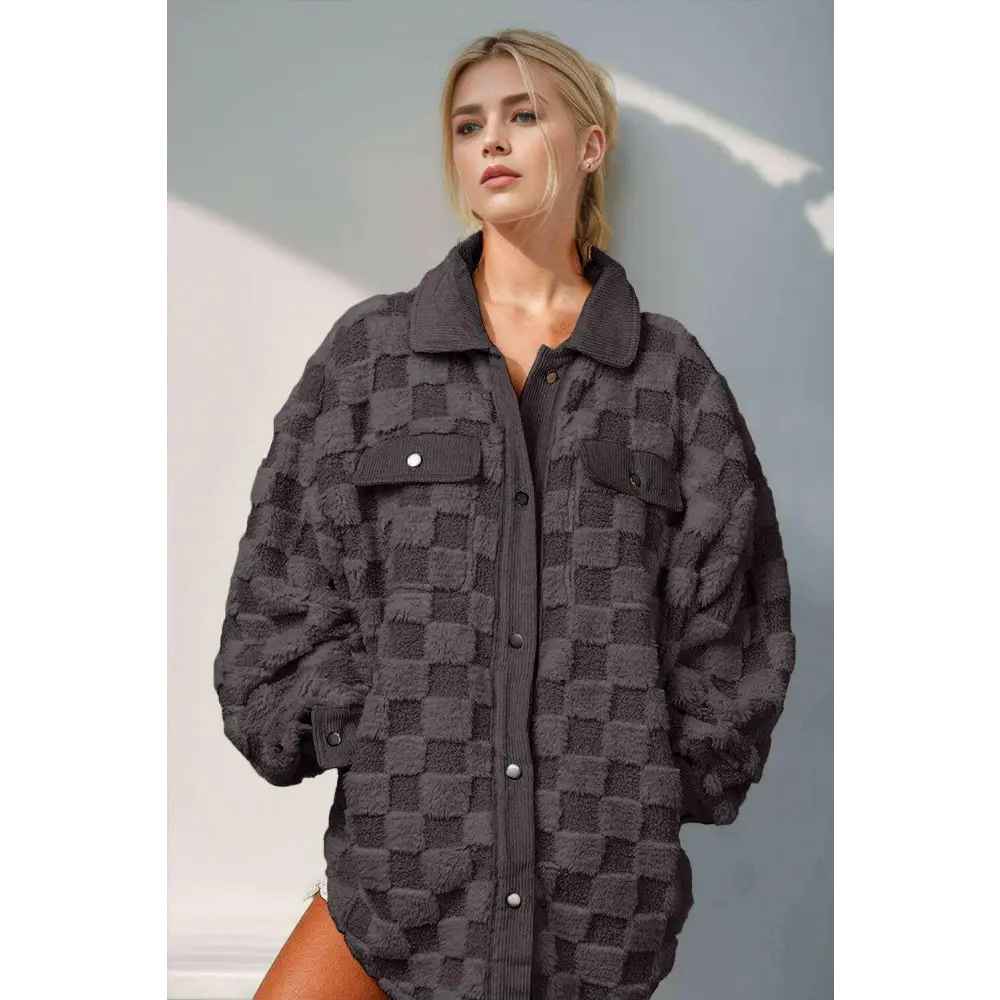 Elevate your style with the fuzzy checkered shacket in luxury fashion $64.99 pocketed, buttoned, exuding a touch