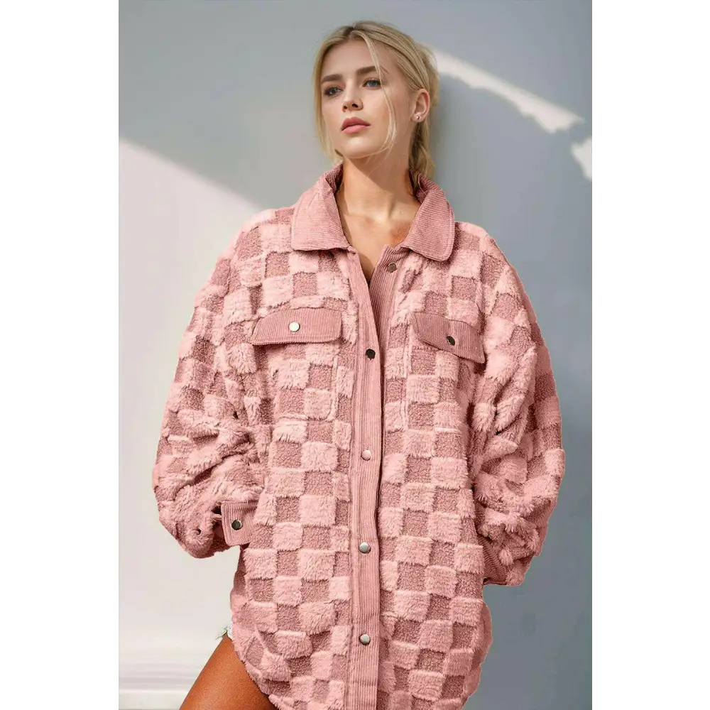 Elevate your style with the fuzzy checkered shacket in luxury fashion $64.99 pocketed, buttoned, exuding a touch