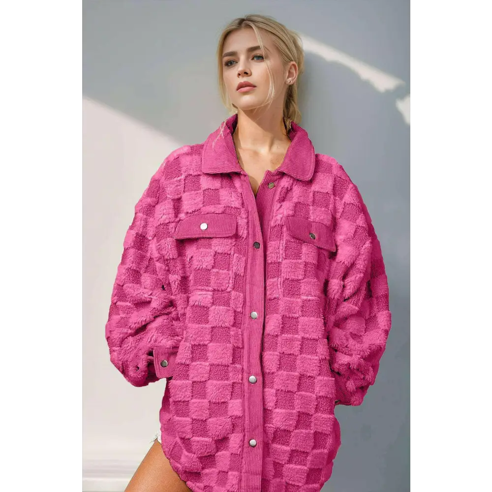 Elevate your style with the fuzzy checkered shacket in luxury fashion $64.99 pocketed, buttoned, exuding a touch