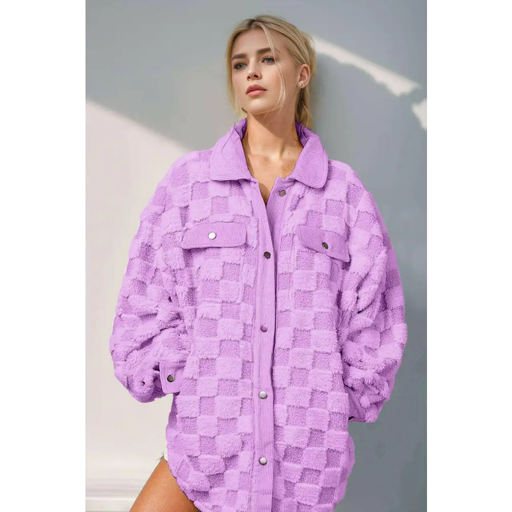 Elevate your style with the fuzzy checkered shacket in luxury fashion $59.72 pocketed, buttoned, exuding a touch