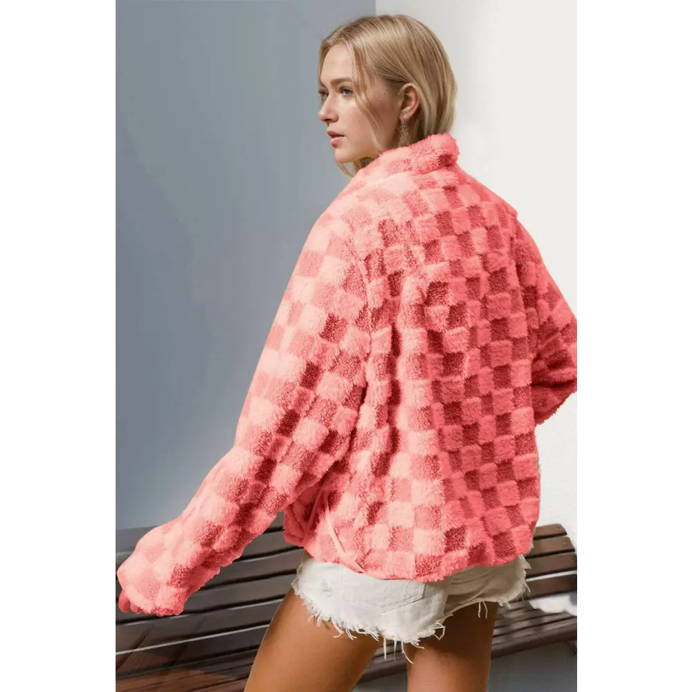 Luxurious checkered fuzzy jacket elevates timeless designer clothing $55.76 pocketed for everyday convenience and style