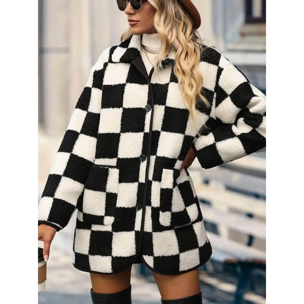 Elevate your wardrobe with the checkered button front coat in luxury fashion $54 immerse yourself in the elegance