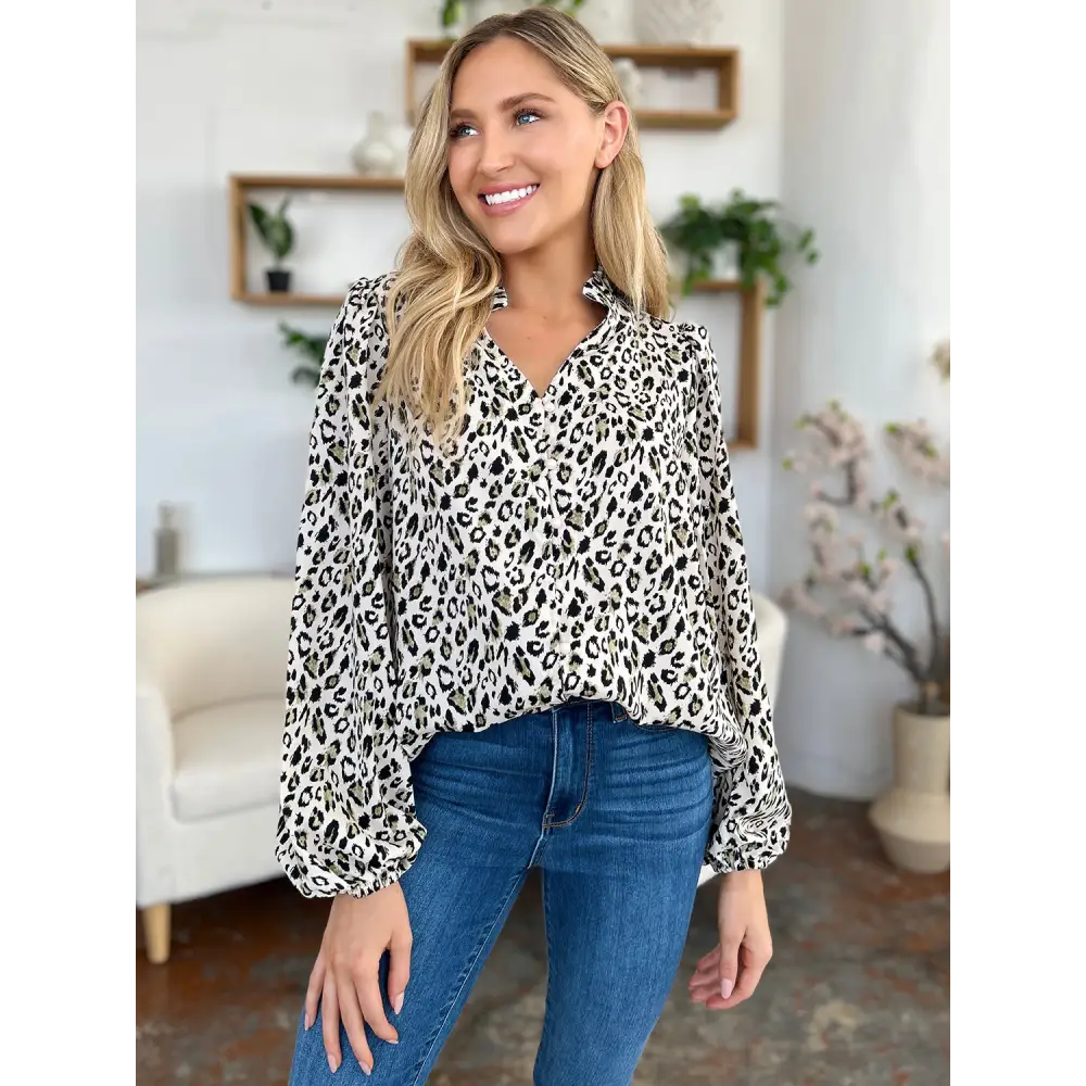 Elevate your wardrobe with the double take leopard long sleeve blouse $25.99 frill opaque no stretch material 100%