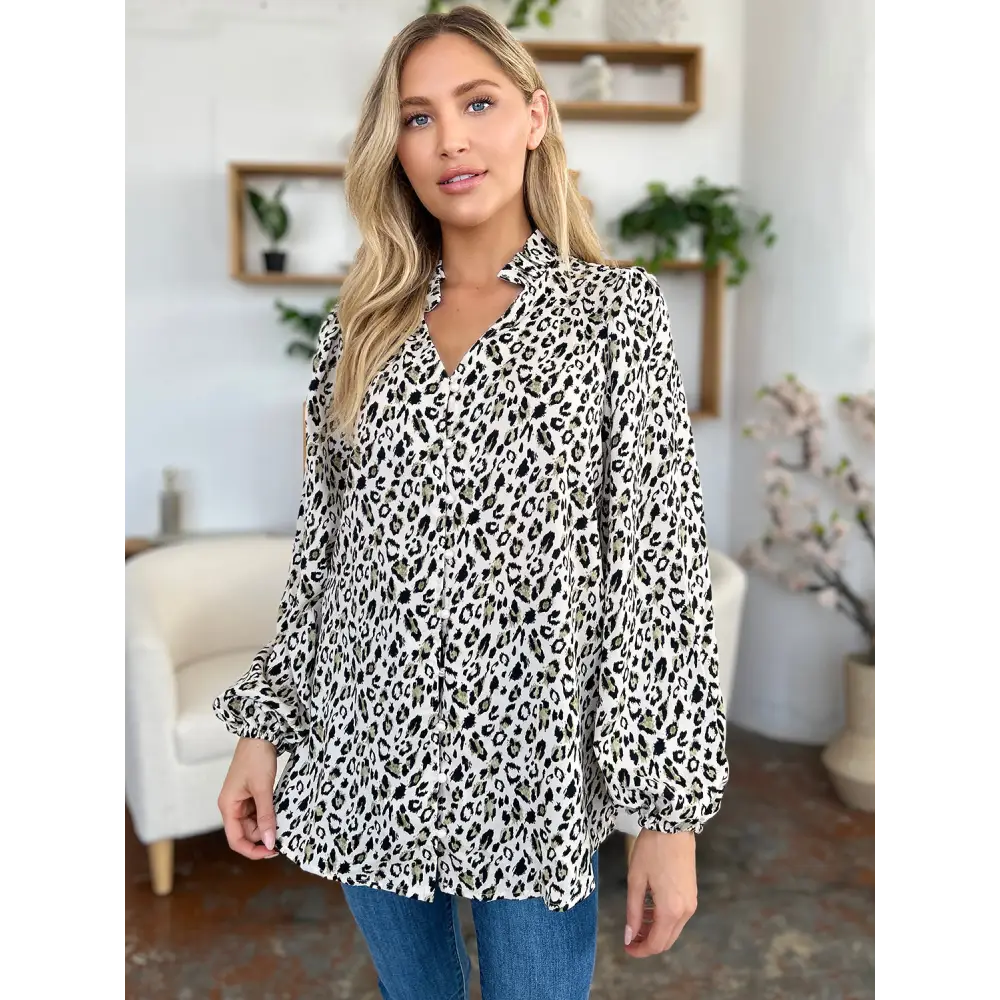 Elevate your wardrobe with the double take leopard long sleeve blouse $25.99 frill opaque no stretch material 100%