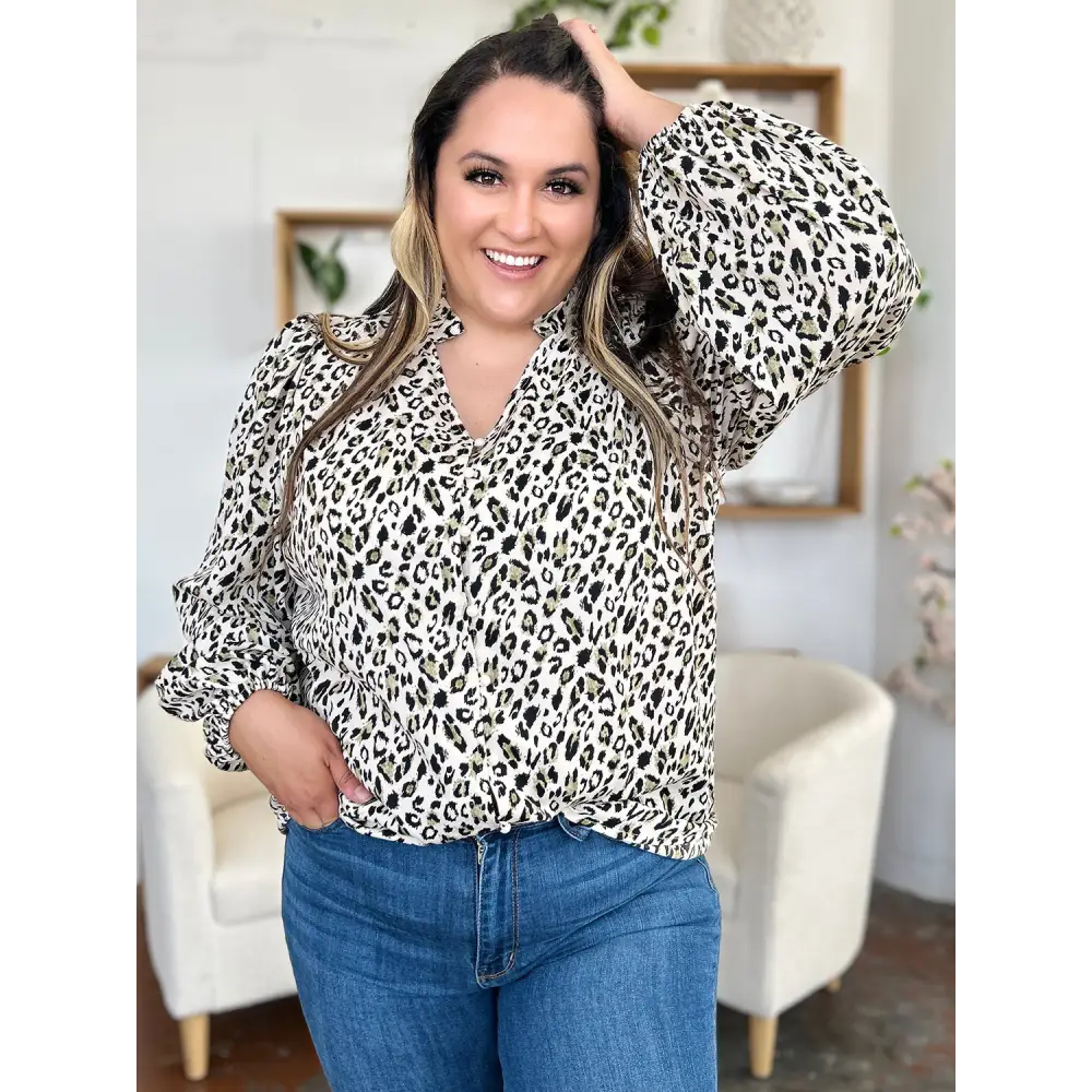 Elevate your wardrobe with the double take leopard long sleeve blouse $25.99 frill opaque no stretch material 100%