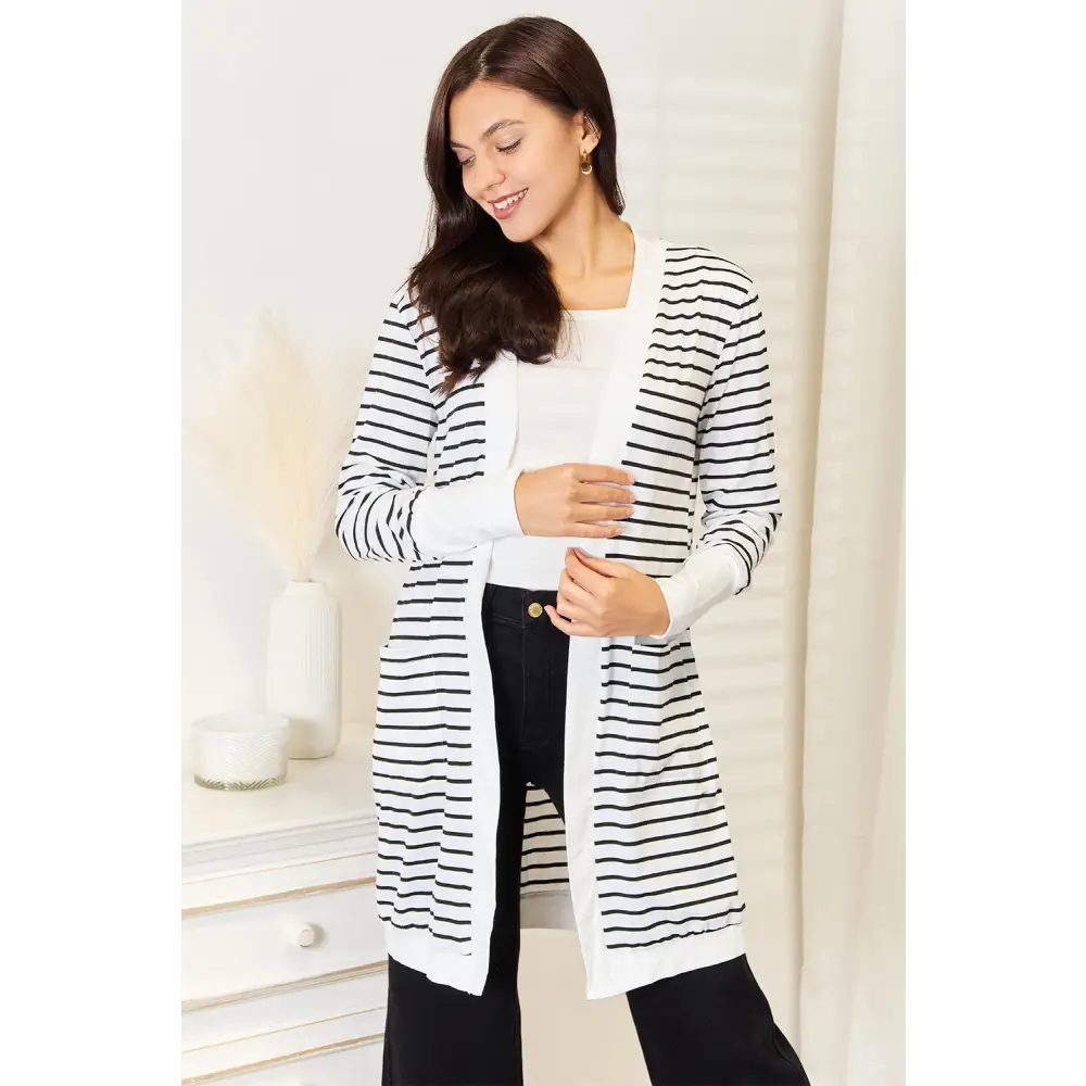 Elevate your wardrobe with timeless striped longline cardigan $30 this exclusive striped open-front longline cardigan