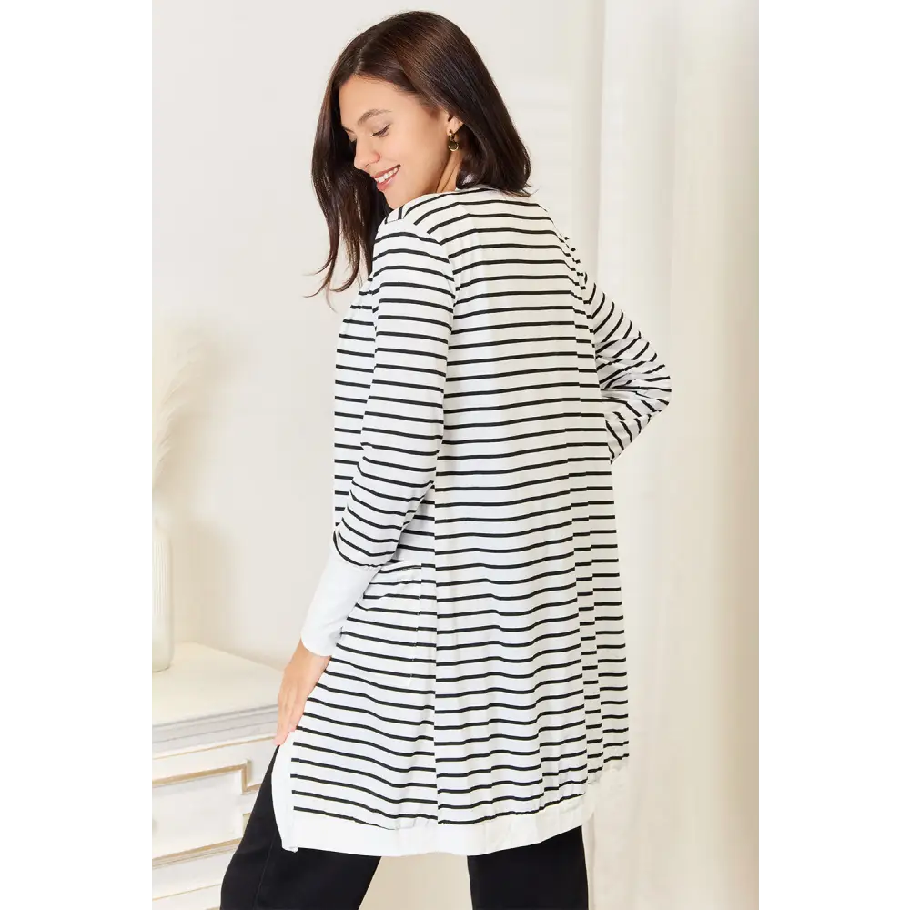 Elevate your wardrobe with timeless striped longline cardigan $30 this exclusive striped open-front longline cardigan