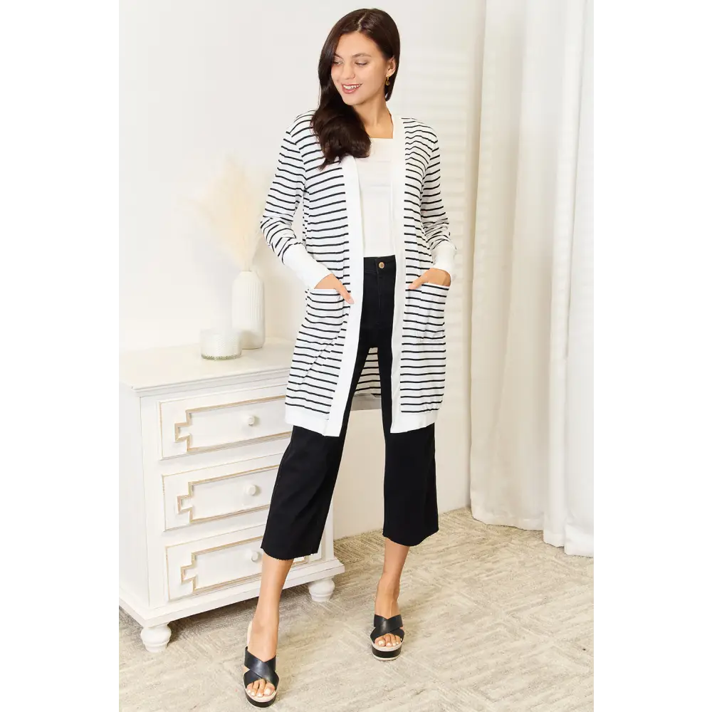 Elevate your wardrobe with timeless striped longline cardigan $30 this exclusive striped open-front longline cardigan