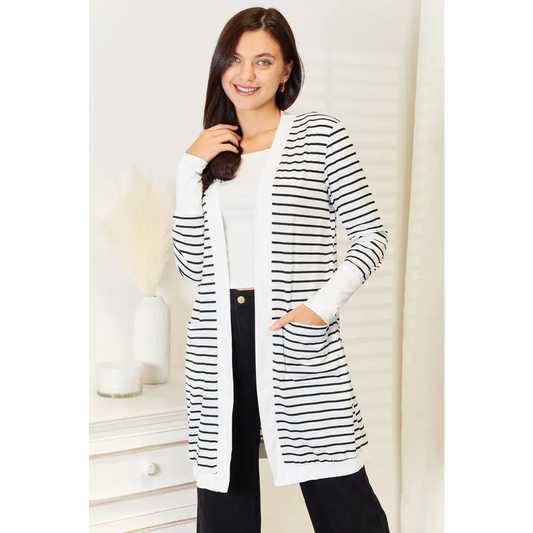 Elevate your wardrobe with timeless striped longline cardigan $30 this exclusive striped open-front longline cardigan