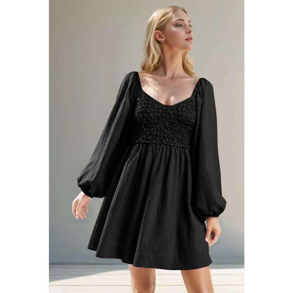 Double take texture smocked balloon sleeve mini dress in luxury fashion $49.99 embrace the effortless elegance