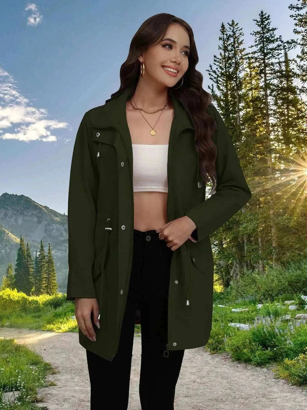 Drawstring Snap-Down Trench Coat