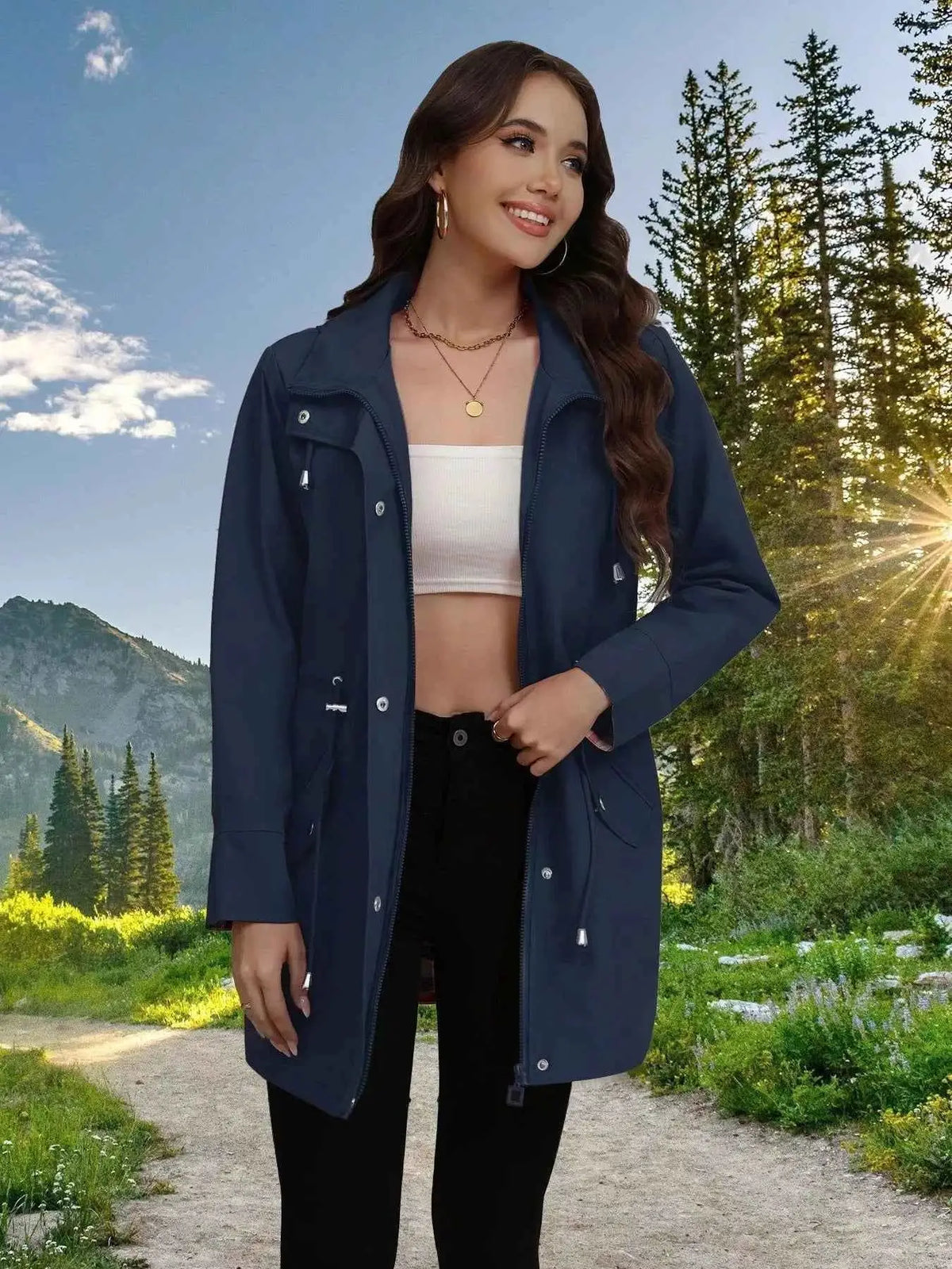 Drawstring Snap-Down Trench Coat