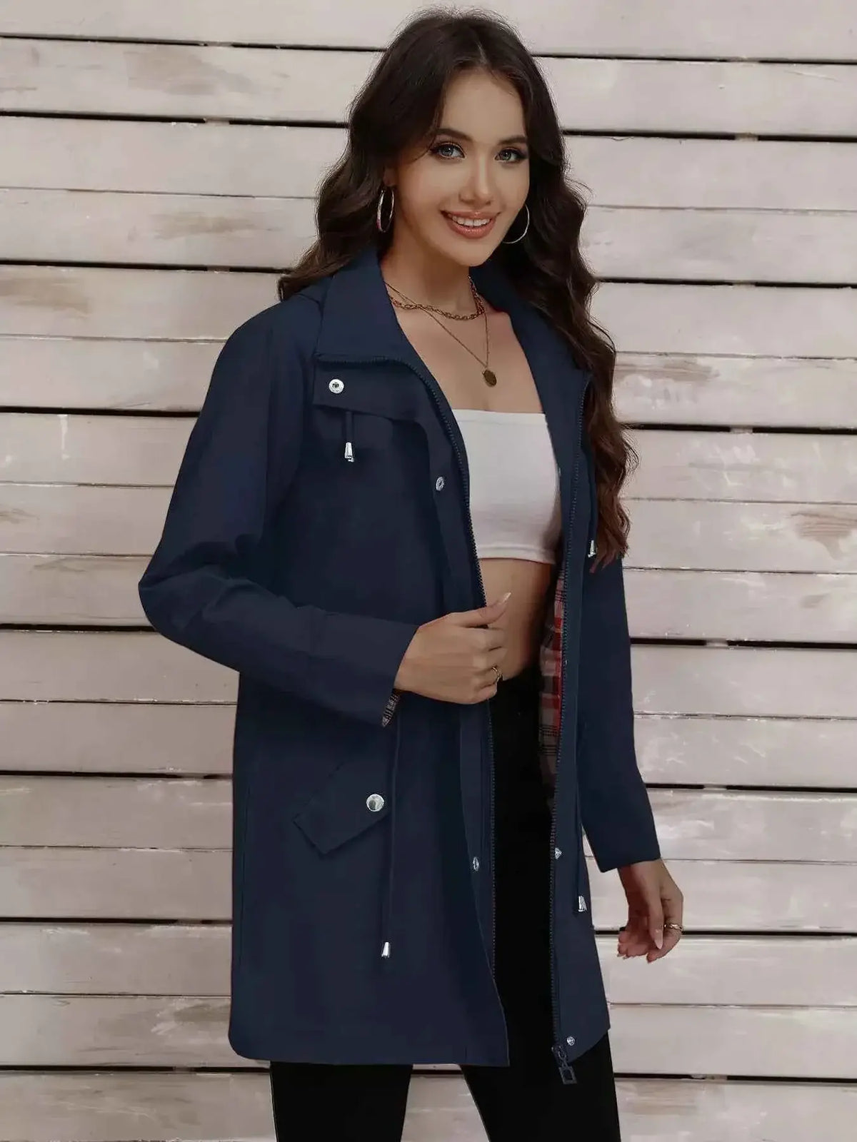 Drawstring Snap-Down Trench Coat
