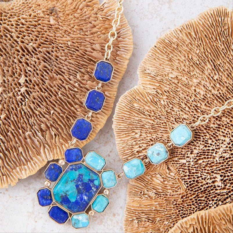 Duality Blue Lapis and Turquoise Golden Pendant Necklace - Maven Couture IncNecklaces