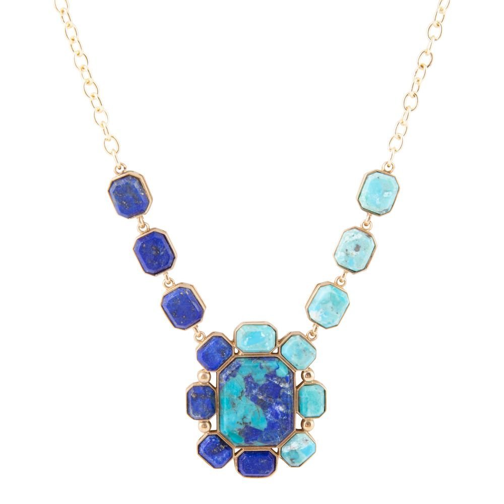 Duality Blue Lapis and Turquoise Golden Pendant Necklace - Maven Couture IncNecklaces