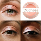 Peachy-pink shimmering duchess waterproof multi-tasking creme-to-powder product in a clear glass jar for eyes cheeks lips