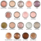 A collection of twelve waterproof multi-tasking creme eyeshadows in pink, beige, gold, and brown shades for eyes, cheeks, and lips