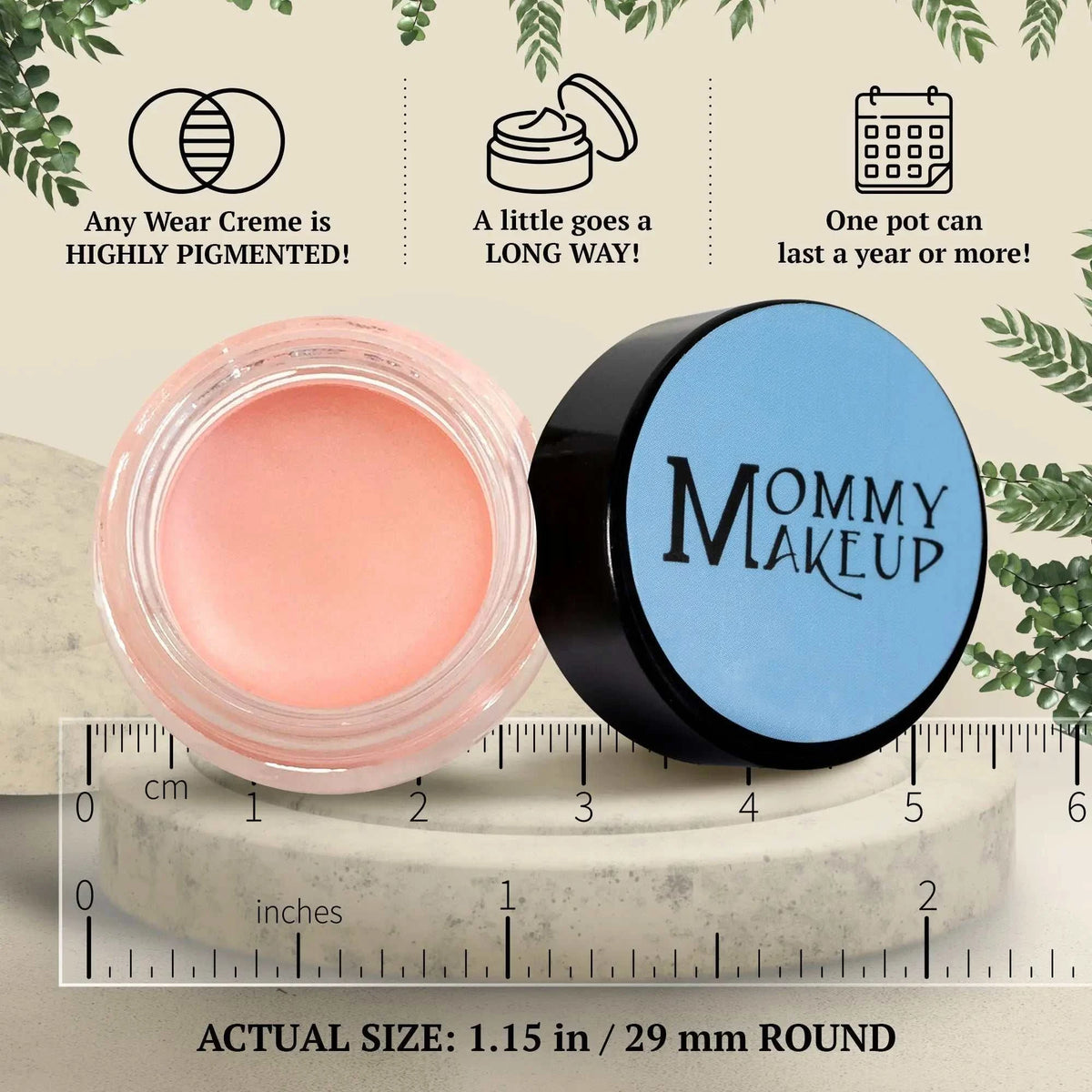 Duchess any wear creme in a clear glass jar with black lid contains soft peach waterproof multi-tasking creme-to-powder product for lips cheeks and eyes