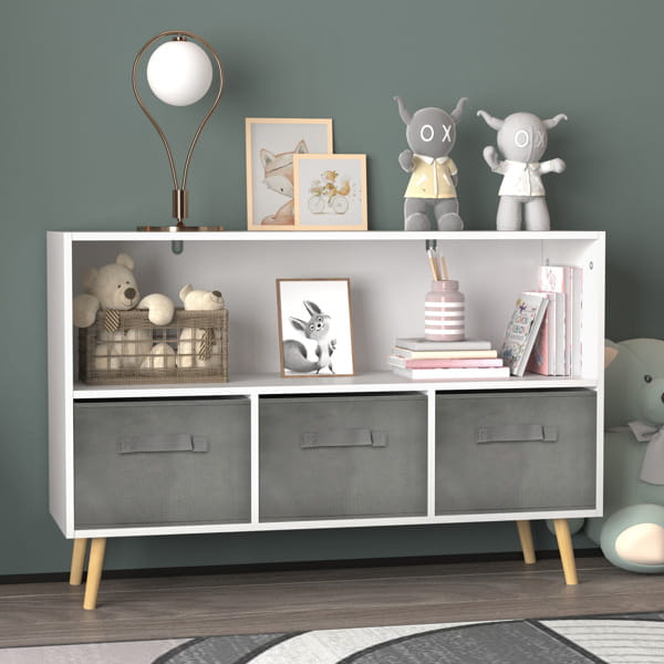 Luxury children’s bookcase with stylish fabric drawers for playroom elegance