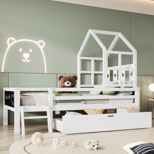 Twin size house bed with chic blackboards and storage innovation