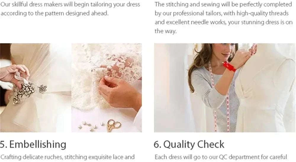 Eightree Fashion Short Wedding Dresses showing hands embellishing a white wedding gown with crystals and lace, and a woman checking quality on a dress form