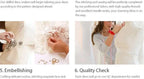 Eightree Fashion Short Wedding Dresses showing hands embellishing a white wedding gown with crystals and lace, and a woman checking quality on a dress form