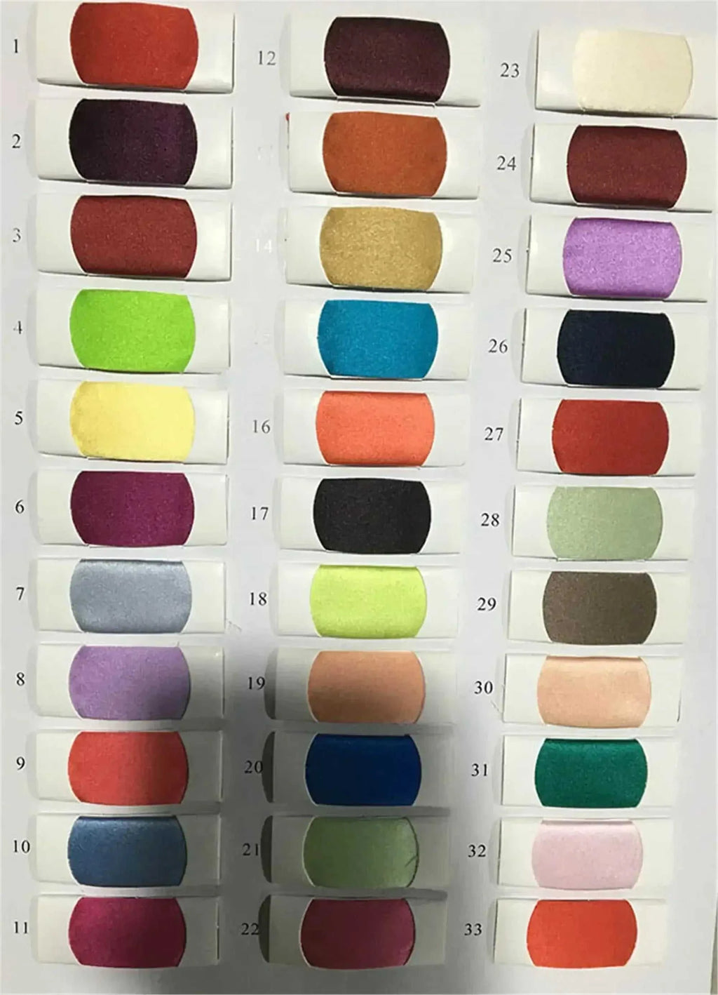 Eightree Fashion Short Wedding Dresses fabric color swatches array showing 33 vibrant polyester shades for customizable bridal gowns