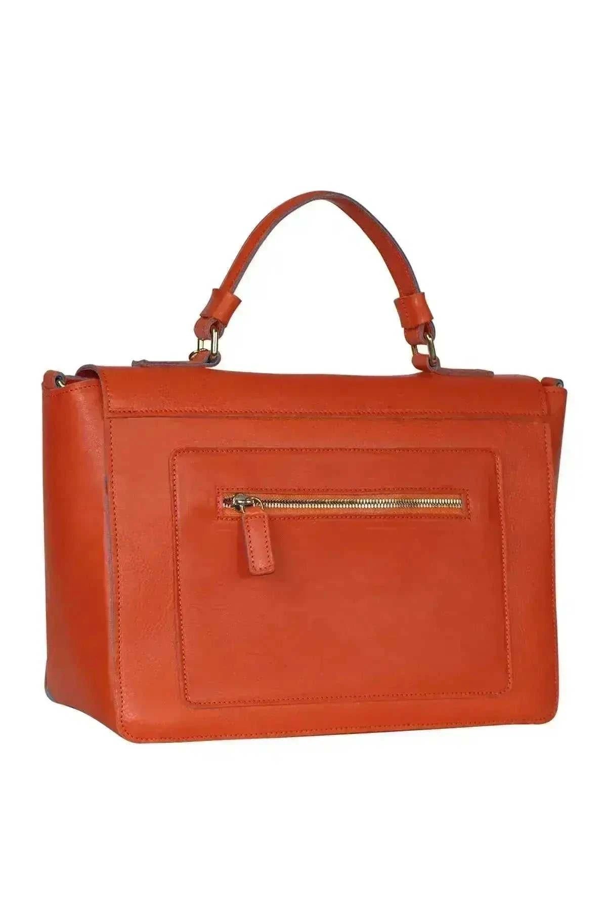 Elegant Handbag in orange vegetable tanned leather with a short handle and external zippered pocket