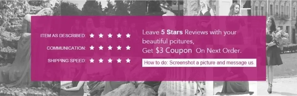 Promotional banner featuring 5-star ratings for item, communication, and shipping speed with a $3 coupon offer for leaving 5 stars reviews