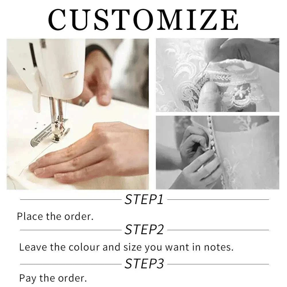 Elegant Lace Wedding Dress customization process showing sewing machine, lace detailing, and buttoning hands in ivory fabric