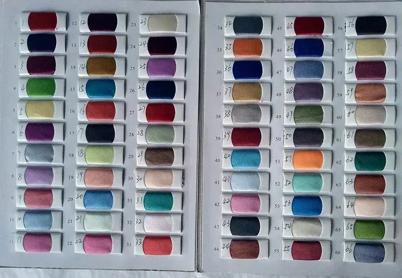 fabric swatch book with 66 rectangular color samples including red, purple, green, blue, orange, pink, beige, and gray shades for custom Elegant Lace Wedding Dress