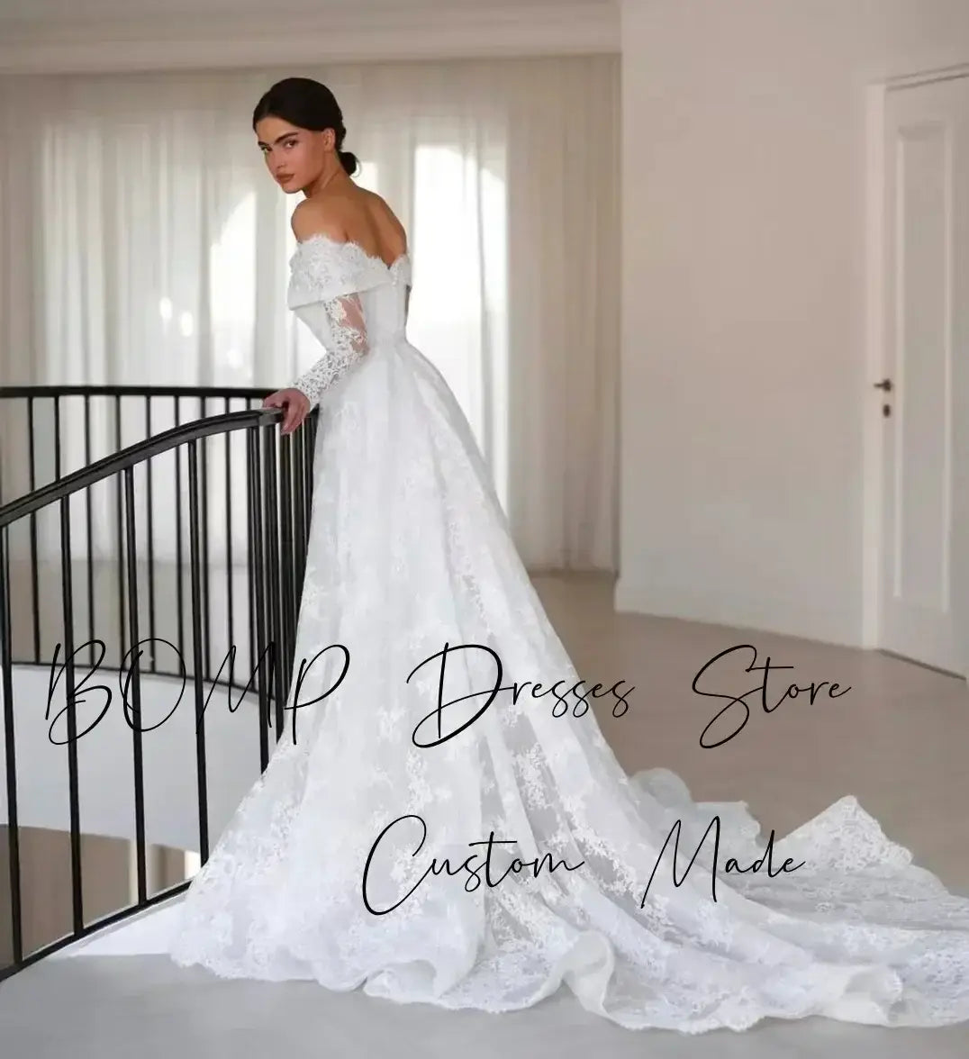 Elegant Lace Wedding Dress ivory off shoulder bridal gown with long sleeves, sweetheart neckline and sweep train