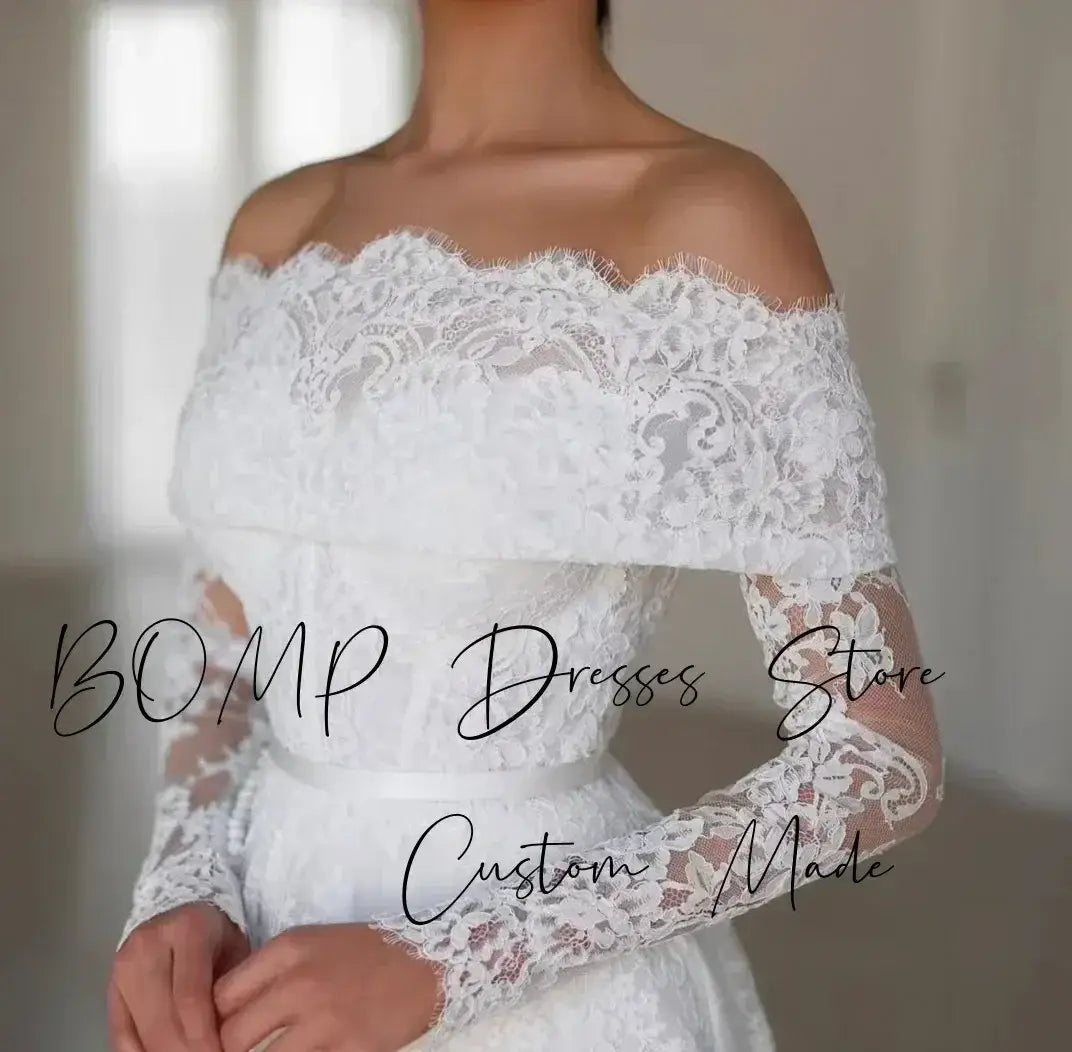 Elegant Lace Wedding Dress featuring ivory cotton and polyester fabric, off-shoulder sweetheart neckline with long lace sleeves