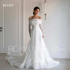 Elegant Lace Wedding Dress ivory off shoulder with sweetheart neckline full lace sleeves and sweep train on model