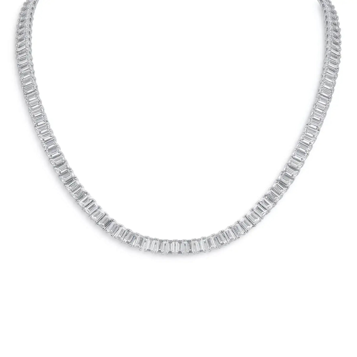 Emerald-Cut Created Moissanite tennis necklace with 30 CTW rectangular stones in 14K white gold overlay