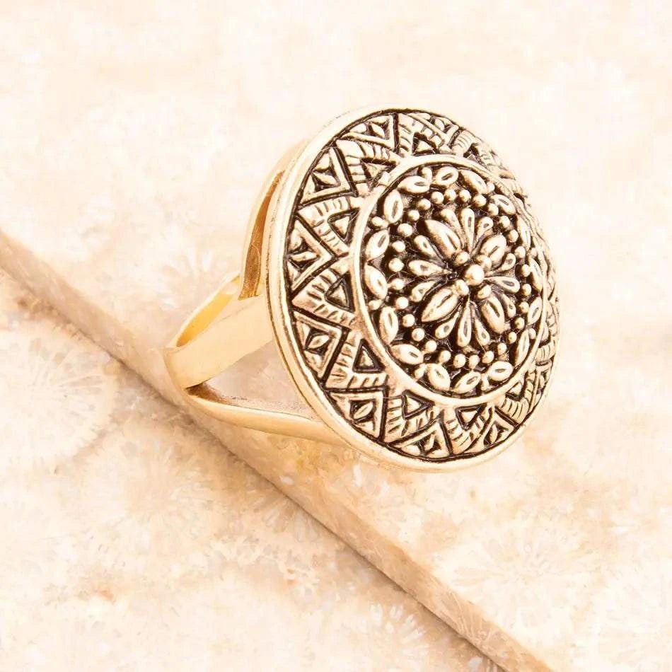 Engraved Golden Bronze Statement Ring - Maven Couture IncRings