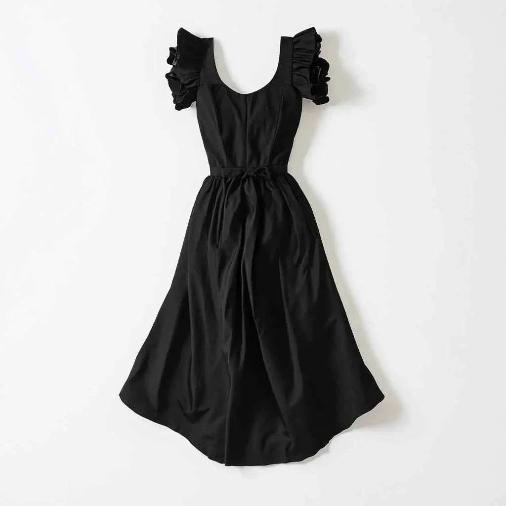 Example product black midi dress with ruffled short sleeves and a fitted waist made from smooth fabric