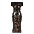 Example product sleeveless black and bronze sequin midi dress with a wide off-shoulder neckline and fitted silhouette.