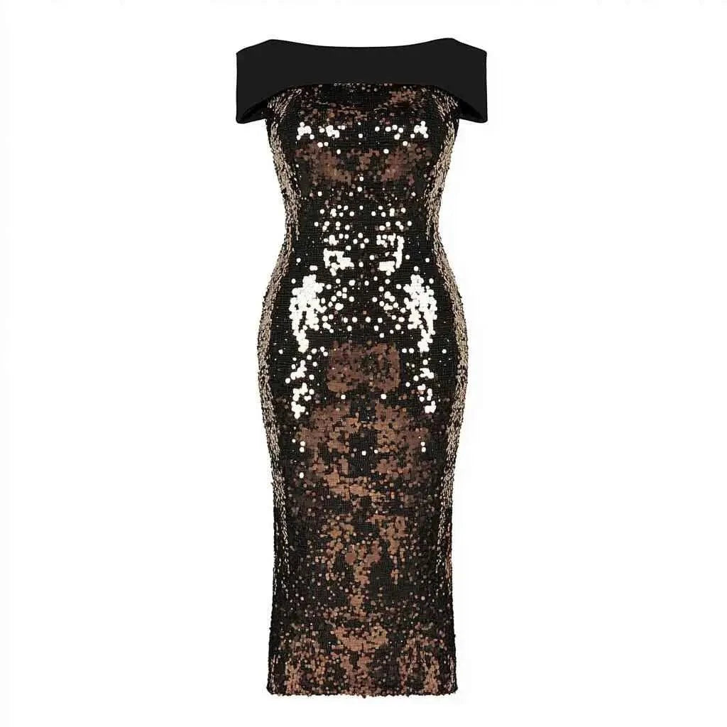 Example product sleeveless black and bronze sequin midi dress with a wide off-shoulder neckline and fitted silhouette.