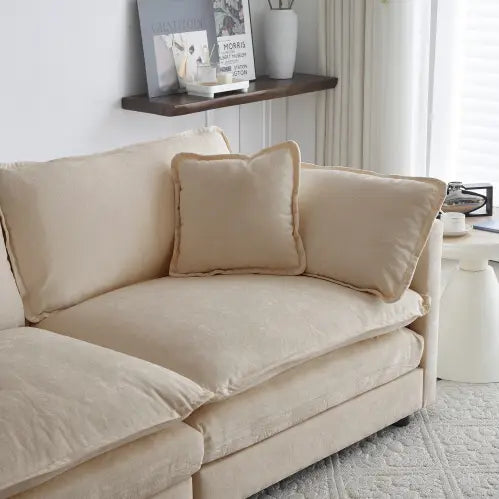 Elevate your space with luxury beige mid-century modern couch and pillows