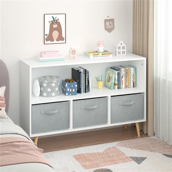 Luxury children’s bookcase with stylish fabric drawers for playroom elegance