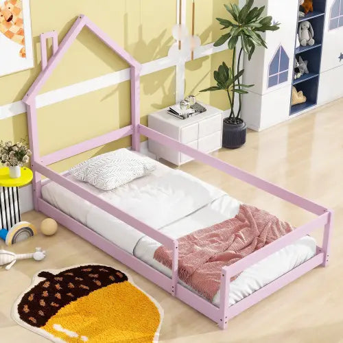 Charming twin size bed with house-shaped headboard in pink accents