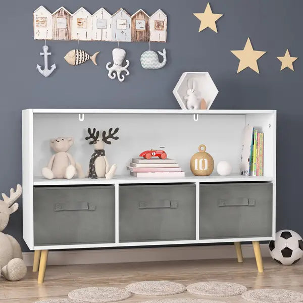 Luxury children’s bookcase with stylish fabric drawers for playroom elegance