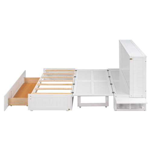 Elegant queen size mobile murphy bed with storage in sleek white finish